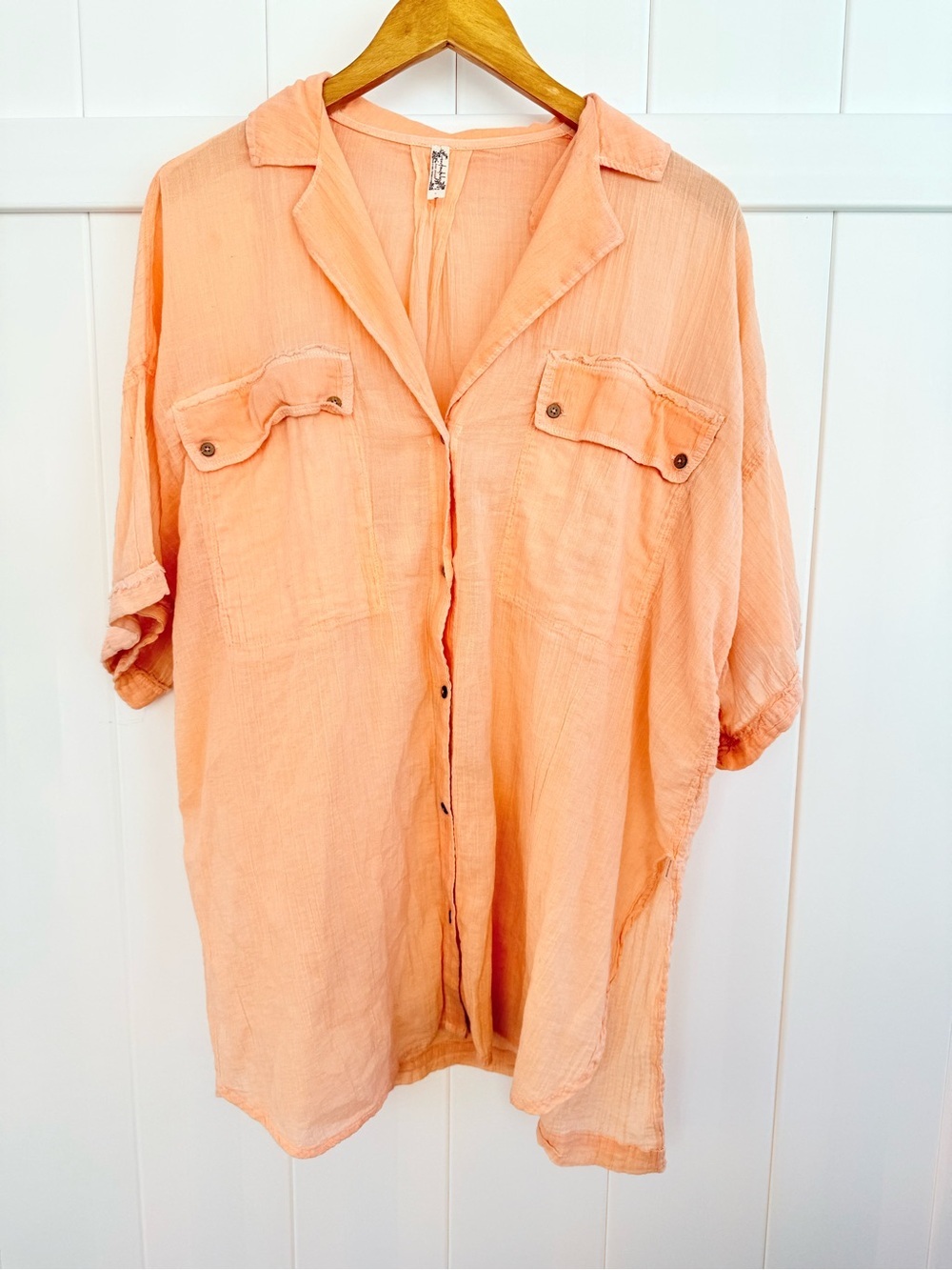 Free People Button Down Lightweight Peach Button-Down Shirt with Pocket Detail